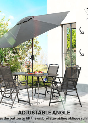 8 Piece Outdoor Dining Set, Patio Furniture Set with Umbrella, 6 Folding Chairs, Rectangle Table and Mesh Seat, Black