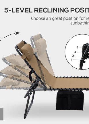 2 Piece Folding Chaise Lounge Pool Chairs with 5-level Reclining Back, Reading Hole, Side Pocket, Beige