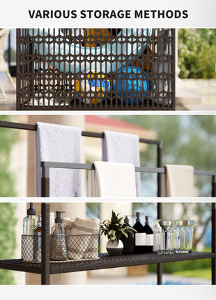 Wicker Pool Float Storage Organizer, PE Rattan Pool Float Holder with Basket Shelf Towel Bars, Rolling Pool Caddy for Floaties, Noodles, Life Vests, Beach Balls, Brown