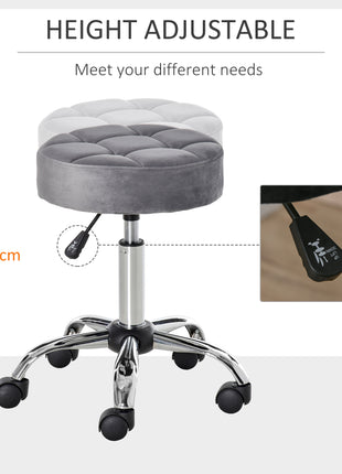Round Rolling Stool with Height Adjustable Lift, Vanity Chair with Luxury Style Upholstery, Office Chair with Swivel Seat and Wheels for Work Spa Salon, Grey