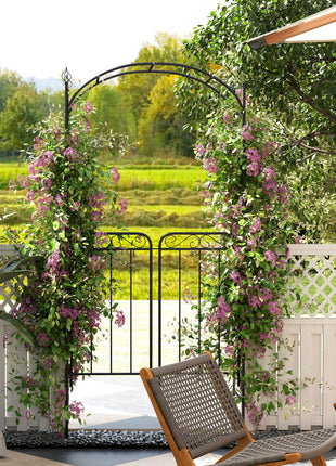 84" Garden Arch Arbor with Gate, Metal Arch Trellis, Garden Archway for Climbing Vines, Wedding Ceremony Decoration, Flourishes & Arrow Tips, Black