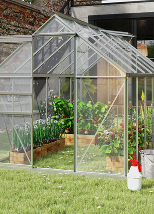 12' x 6' x 6.5' Polycarbonate Greenhouse with Aluminum Frame, Walk-in Heavy Duty Green House with Adjustable Roof Vent, Rain Gutter and Sliding Door for Winter, Silver