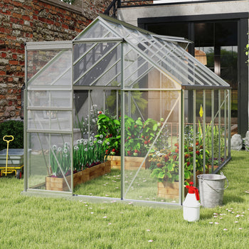 12' x 6' x 6.5' Polycarbonate Greenhouse with Aluminum Frame, Walk-in Heavy Duty Green House with Adjustable Roof Vent, Rain Gutter and Sliding Door for Winter, Silver