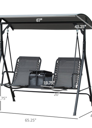 2-Seat Outdoor Porch Swing, with Pivot Storage Table, Cup Holder, & Adjustable Overhead Canopy, Stand's Skid-Resistant Feet Pad, Breathable Mesh Seat, Steel Frame, for Patio, Gray