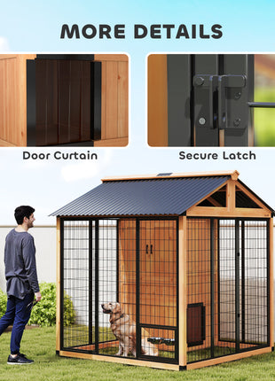 7' x 6' Extra Large Dog House, Wood Outdoor Dog Kennel with Storage Cabinet, Stainless Steel Bowls, Light Yellow