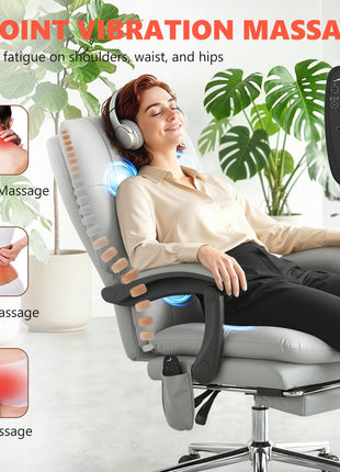Massage Office Chair with 6-Point Vibration, Pet-Friendly Faux Leather Ergonomic Executive Desk Chair, Light Gray