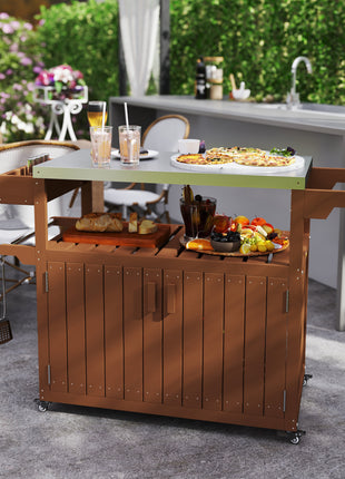 Outdoor Bar Cart with Storage, Stainless Steel Outdoor Bar Table Top, Wheeled HDPE Kitchen Island for Food Prep, Brown
