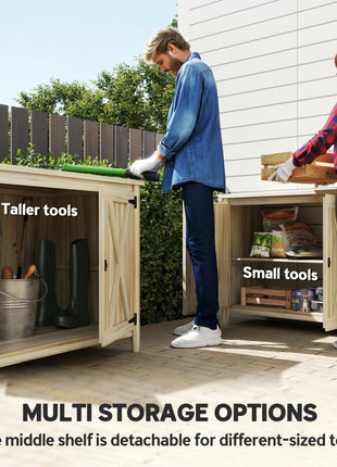 Wooden Outdoor Storage Cabinet, Garden Shed Potting Shed with Shelf and Double Doors, Natural Wood