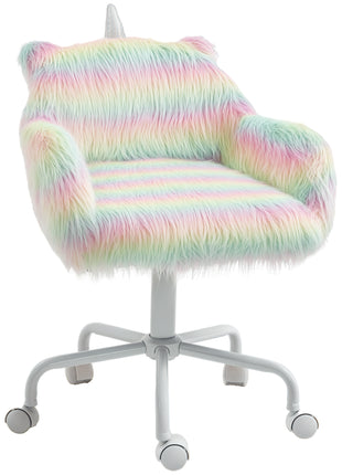 Fluffy Unicorn Office Chair with Mid-Back and Armrest Support, 5 Star Swivel Wheel White Base, Rainbow