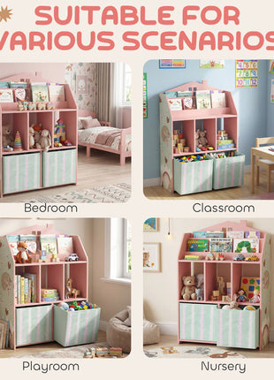 Kids Bookshelf with Storage, Toy Storage Unit with Book Display, Shelves and Fabric Drawers for Playroom Nursery, Pink