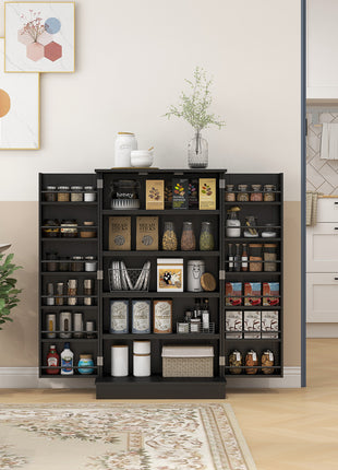 Freestanding Kitchen Pantry Cabinet, Kitchen Cabinet with 12 Door Shelves, Double Doors, 5-tier Shelving, Black