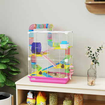 5 Tiers Hamster Cage Portable Animal Travel Carrier w/ Exercise Wheels Tube, Pink