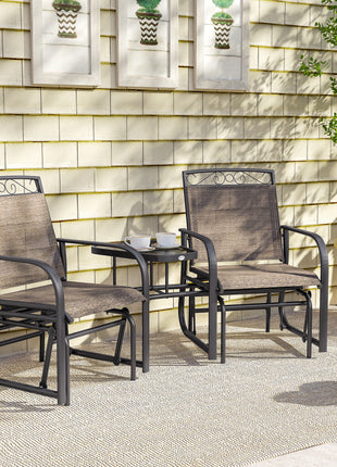 Outdoor Glider Chairs with Coffee Table, Patio 2-Seat Rocking Chair Swing with Breathable Sling for Backyard, Garden and Porch, Brown