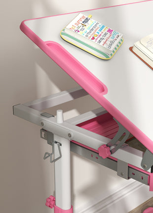 Height Adjustable Kids Desk and Chairs Set with Tilt Desktop, Storage Drawer, Pen Slot, Hook, Pink