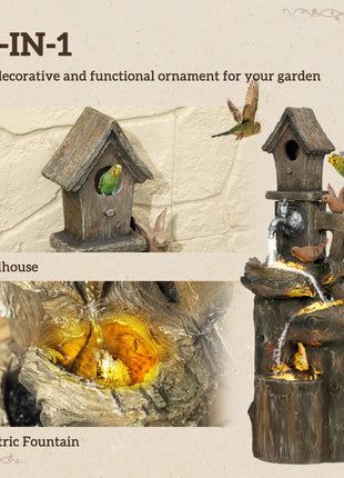 Outdoor Water Fountain, Decorative Garden Birdhouse, 3-Tier Cascading Waterfall with LED Lights and Water Wheel, Soothing Tranquility for Home Garden, Yard Decor