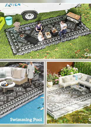 Reversible Outdoor Rug, Waterproof Plastic Straw with Carry Bag, 9' x 18', Black & Gray Rhombus Patchwork