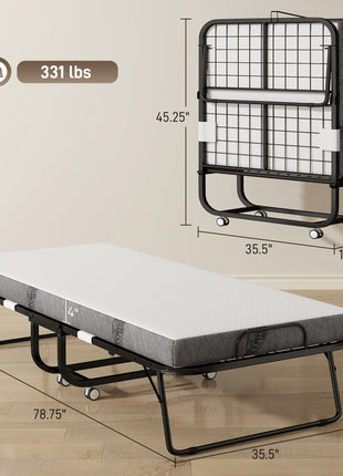 Folding Bed with Mattress for Adults, Long Twin Size, Portable Foldable Bed with 4" Foam Mattress & Space-Saving Steel Frame, 79" x 35", Fold Up, Roll Away & Hideaway, White