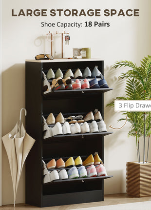 Modern Shoe Storage Cabinet with 3 Flip Drawers and Adjustable Shelves for 12-18 Pairs of Shoes, Black