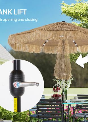 9 ft Hula Thatched Tiki Patio Umbrella with LED Solar Light, Outdoor Umbrella with Crank, Tilt, UPF30+, Khaki