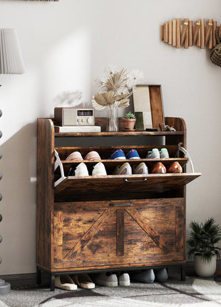 Shoe Cabinet Organizer with 2 Flip Drawers, Legs, Narrow Shoe Storage Cabinet for Entryway, Hallway, Rustic Brown