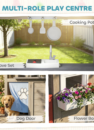 Outdoor Playhouse, Wooden Kids Playhouse with Dog Door, Flower Box, Cookware & Window for Garden Ages 2+, Gray