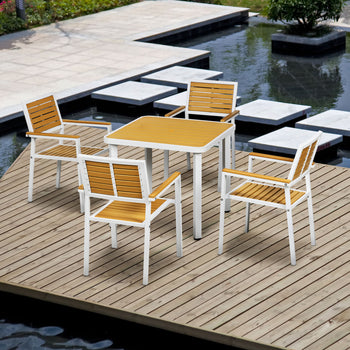 5pc Patio Table and Chairs Set, Aluminum Patio Dining Set w/ HDPE Materials, Umbrella Hole, Yellow