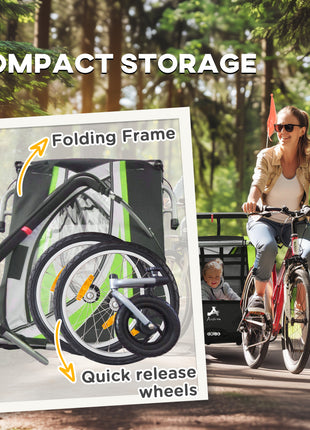 2-in-1 Walk/Ride Child Baby Bike Trailer for Kids 2 Seater, High-Visibility Bike Stroller for Toddler Wagon, Weather-Strong Double Bicycle Trailer Accessory, Green