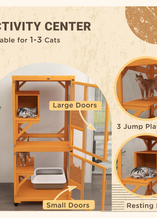 Large Cat House for 1-3 Cats on Wheels Wooden Catio Enclosure Orange