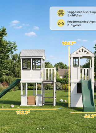 Two-Story Outdoor Playhouse, Wooden Kids Playhouse with Slide, Table & Bench, Play Kitchen, Ladder, Blackboard, White
