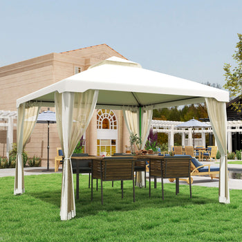 9.6' x 9.6' Patio Gazebo, Outdoor Canopy Shelter with 2-Tier Roof and Netting, Steel Frame for Garden, Lawn, Backyard, and Deck, Cream White