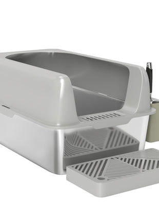 High Sided Stainless Steel Litter Box with Metal Scoop & Scoop Holder, for Easy Clean& Anti-Urine Leakage, Light Gray