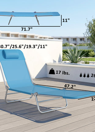 2 Piece Folding Chaise Lounge Chairs, Pool Sun Tanning Chairs with Reclining Back, Breathable Mesh Seat, Headrest, Blue