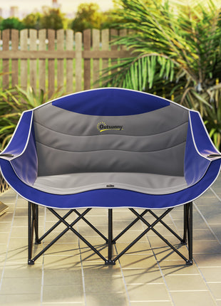 Padded Folding Camp Chair for Adults, Double Camping Chair with Armrests, Cup Holders, Carry Bag for Outdoor, Blue