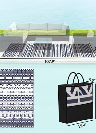 Reversible Outdoor Rug, Waterproof Plastic Straw with Carry Bag, 6' x 9', Blue & White Geometric