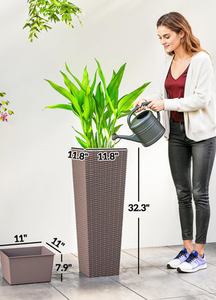 32 Inch Tall Planters for Outdoor Plants, Set of 2 Plastic Flower Pots with Drainage Holes, Brown