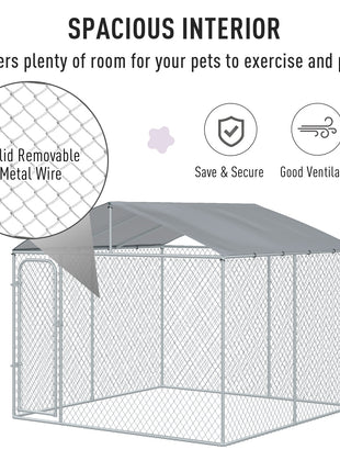 Outdoor Dog Kennel Galvanized Steel Fence with Cover Secure Lock Mesh Sidewalls for Backyard 9.8' x 9.8' x 7.7'