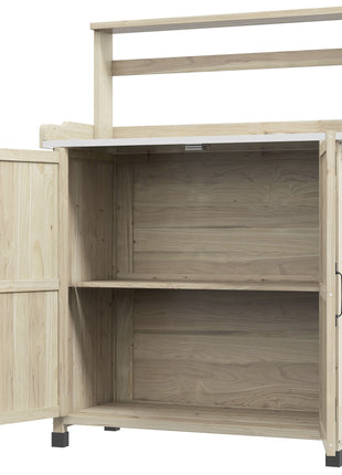 Outdoor Wooden Potting Bench with Storage Cabinet, Shelves, Galvanized Plated Tabletop for Backyard, Balcony, Natural
