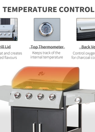 52" Barbecue Grill with Wheels 4+1 Burner Liquid Propane Gas Grill Outdoor Cabinet Style BBQ Trolley w/ Side Burner, Warming Rack, Storage Cabinet