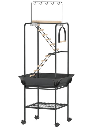 64"H Rolling Bird Playground Parrot Stand with Seed Guard & Wheels, Ladders, Swing, Toy Hook & Bowls