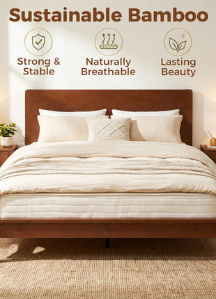 Queen Size Bamboo Platform Bed Frame with Headboard and 12 Poplar Slats, No Box Spring Needed, Easy Assembly, Brown
