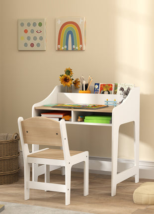 Kids Desk and Chair Set with Storage and Shelves, for Bedroom & Study Room, Gift for 3-8 Years Old, Natural Wood