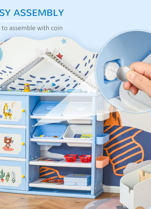 Kids Toy Storage Organizer with 4 Bins, Storage Cabinets, Bookshelf and 4-Layers Toy Collection Shelves, Blue