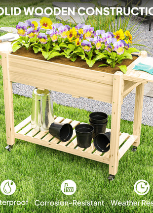 Wood Raised Planter Box, Elevated Garden Bed with Lockable Wheels, Side Tables, Bottom Shelf, Drain Holes, Natural
