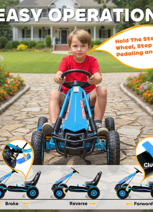 Kids Go Kart, Pedal Car with Adjustable Seat, EVA Wheels, Brake, for Boys & Girls Aged 3-8 Years Old, Blue