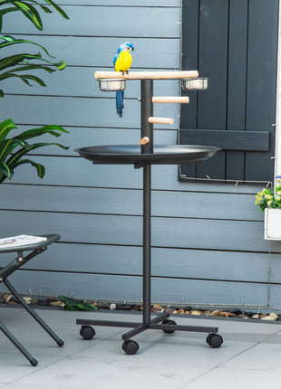 Portable Bird Play Stand, Parrot Perch Bird Feeder Station with Wheels, Stainless Steel Feeding Bowls, Tray, Gray