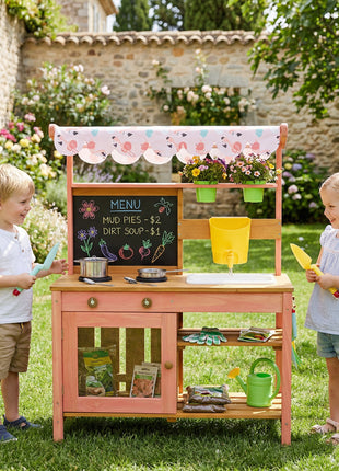 Kids Mud Kitchen with Canopy, Outdoor Wooden Play Kitchen with Planter Box, Accessories for Age 3-6, Pink