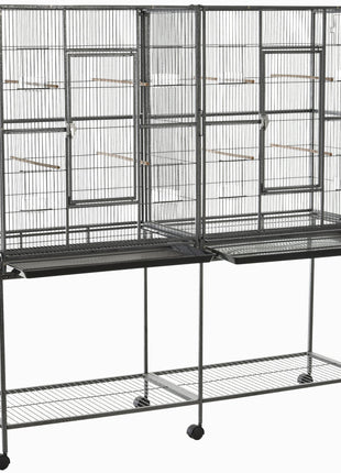 Rolling 65"L Bird Cage w/ Storage Shelf Wood Perch Food Container