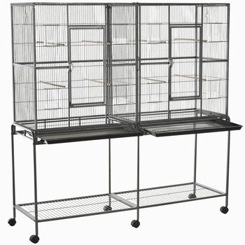 Rolling 65"L Bird Cage w/ Storage Shelf Wood Perch Food Container