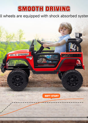 12V Battery Powered Ride on Car, Ride on Truck w/ Remote, 4 Suspension Wheels, Music Horn Lights, Red