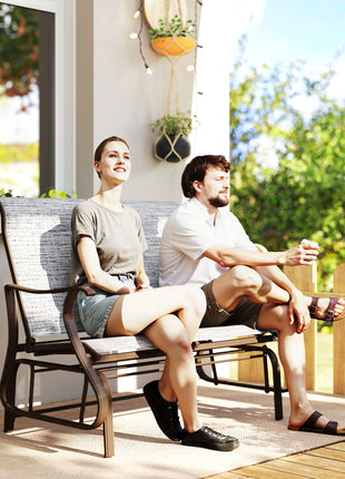 2-Person Outdoor Glider Bench，Patio Glider Loveseat Chair with Powder Coated Steel Frame，2 Seats Porch Rocking Glider for Backyard, Lawn, Garden and Porch, Mixed Gray